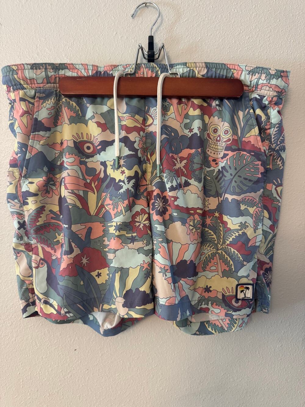 Marine layer 4 way stretch swim trunks in teal groovy print men's small
